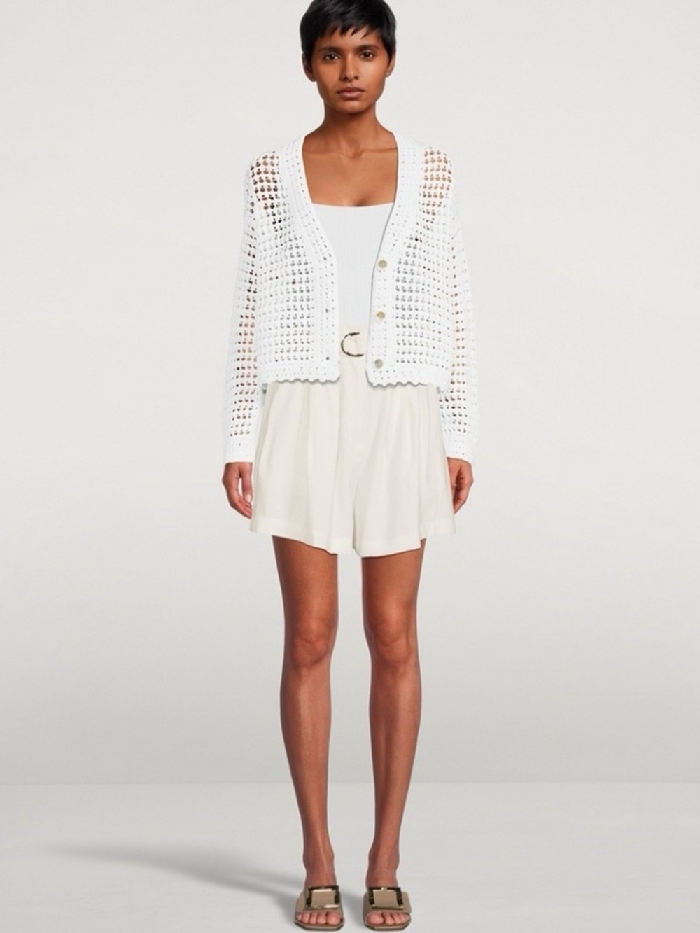 Vince Crochet Cardigan Sweater Organic Cotton Optic White Size Med Coastal Chic